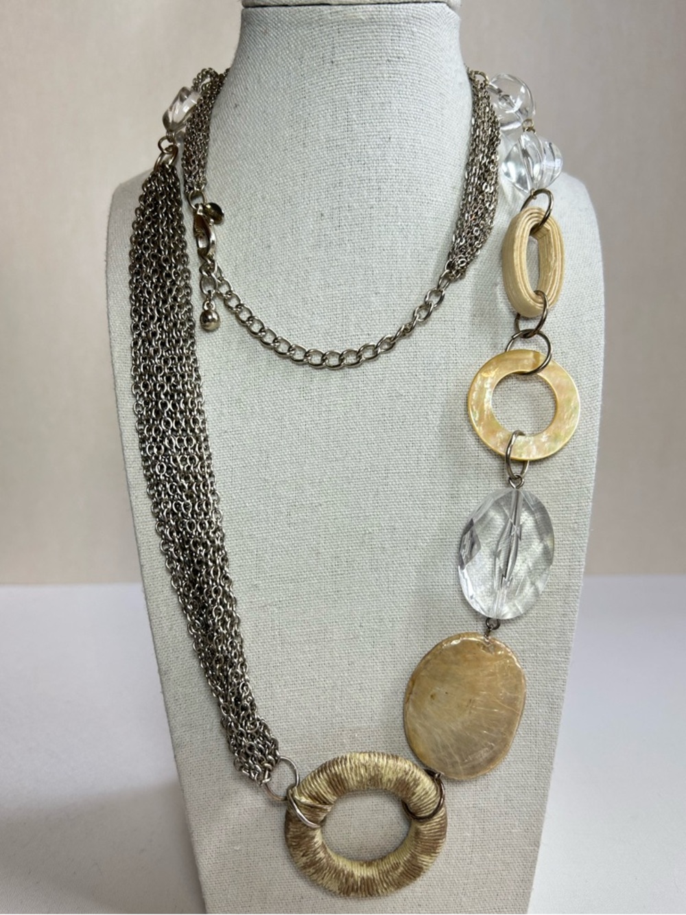 Vintage Chico’s Neutral Multi Strand Silver Chain Nexklace Necklace Cream Shell